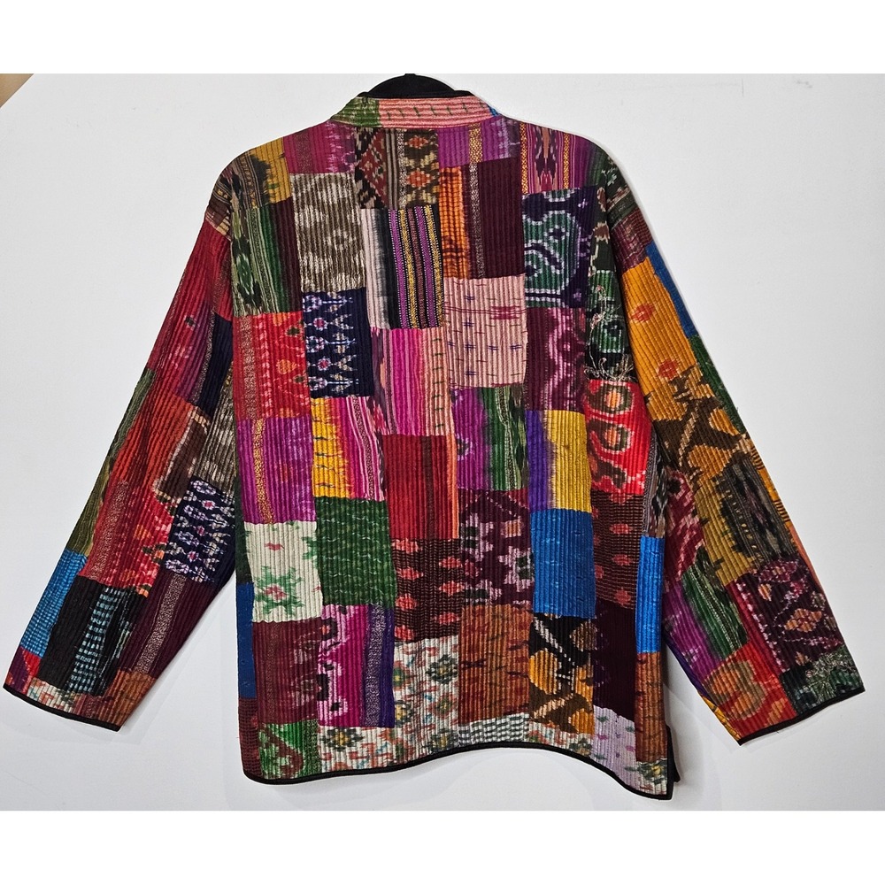 ORVIS Vintage Patchwork Boho Silk Kimono Jacket Mandarin Collar Womens L Ethnic - Picture 4 of 4
